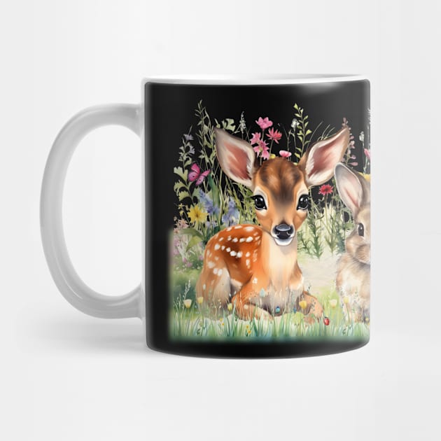 Fawn and Bunny in flowers and grass by KEWDesign